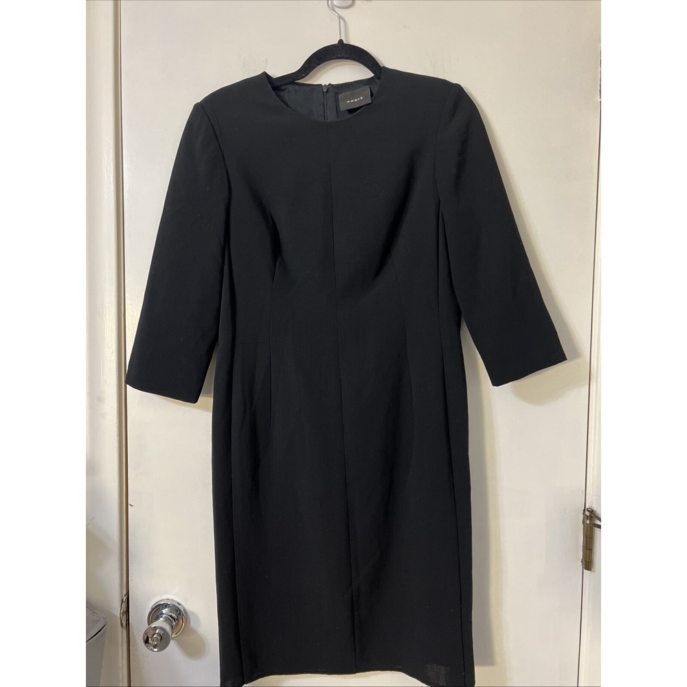 A-K-R-I-S Wool Silk Size 10 Black‎ Sheath Pleated Detail 3/4 Sleeve Dress Lined
